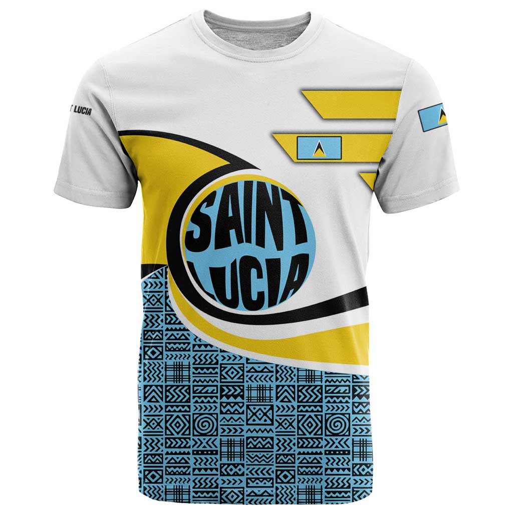 Saint Lucia Modern Tribal Crest Design T Shirt with Flag Colors and Bold Text Layout - Wonder Print Shop