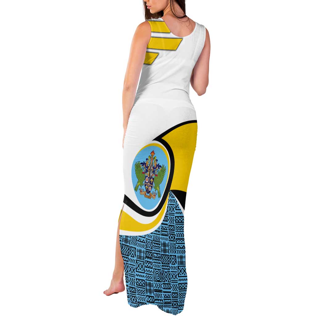 Saint Lucia Modern Tribal Crest Design Tank Maxi Dress with Flag Colors and Bold Text Layout - Wonder Print Shop