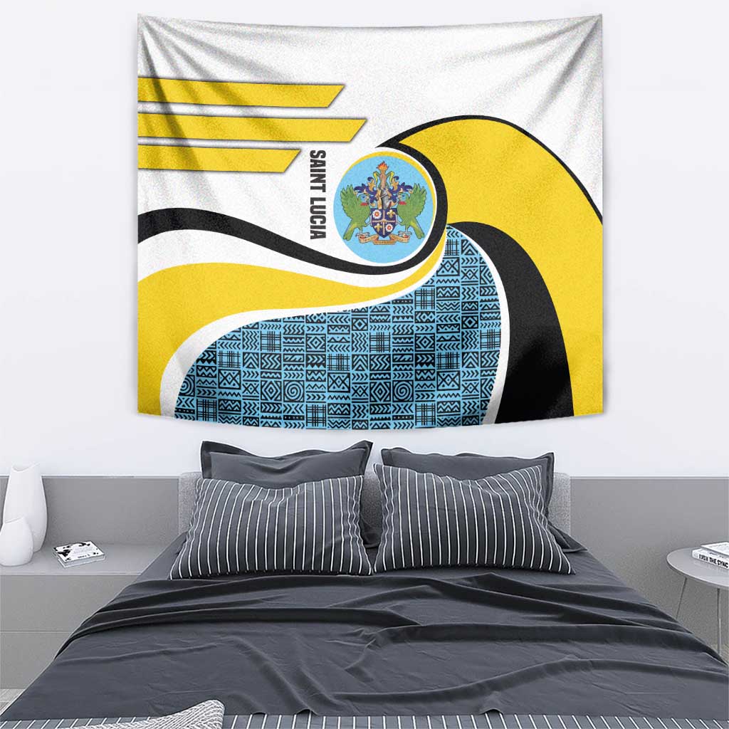 Saint Lucia Modern Tribal Crest Design Tapestry with Flag Colors and Bold Text Layout - Wonder Print Shop