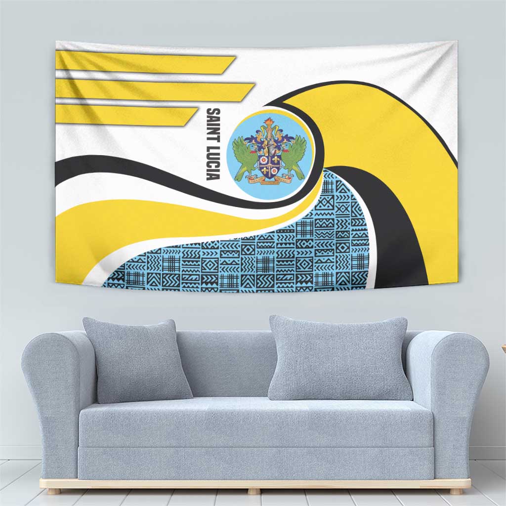 Saint Lucia Modern Tribal Crest Design Tapestry with Flag Colors and Bold Text Layout - Wonder Print Shop