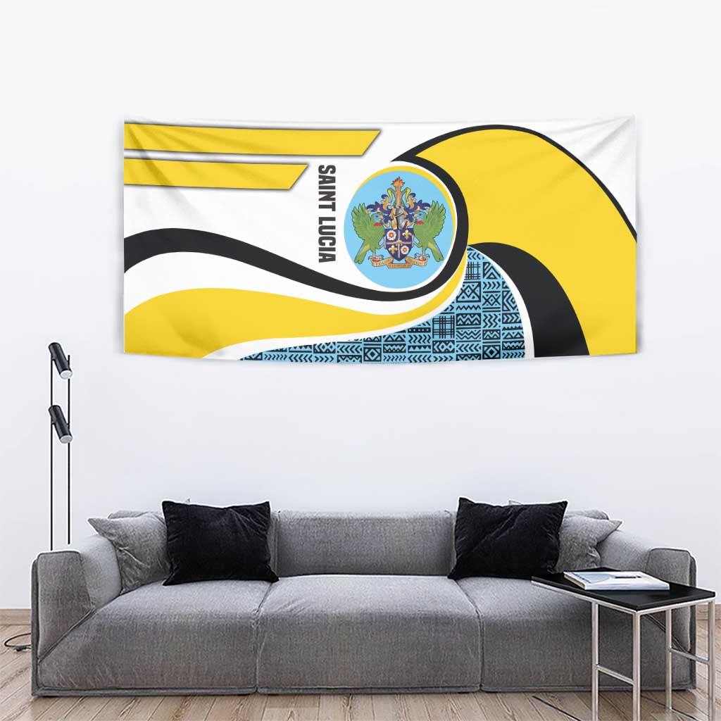 Saint Lucia Modern Tribal Crest Design Tapestry with Flag Colors and Bold Text Layout - Wonder Print Shop