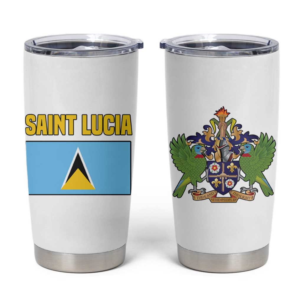 Saint Lucia Modern Tribal Crest Design Tumbler Cup with Flag Colors and Bold Text Layout - Wonder Print Shop