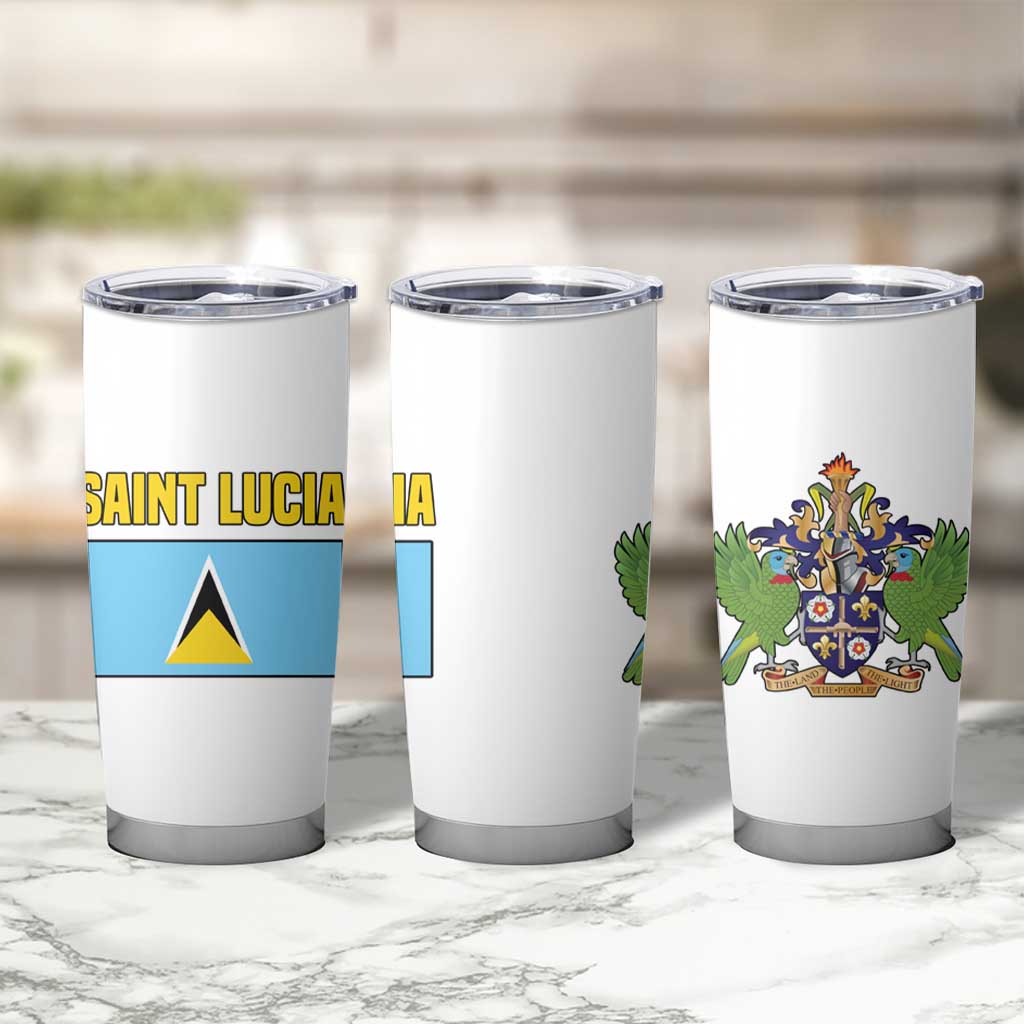 Saint Lucia Modern Tribal Crest Design Tumbler Cup with Flag Colors and Bold Text Layout - Wonder Print Shop