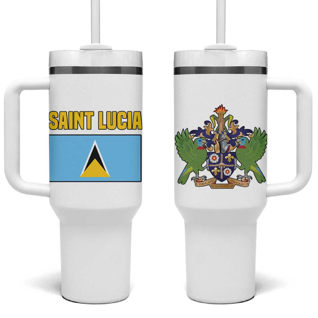 Saint Lucia Modern Tribal Crest Design Tumbler With Handle with Flag Colors and Bold Text Layout - Wonder Print Shop
