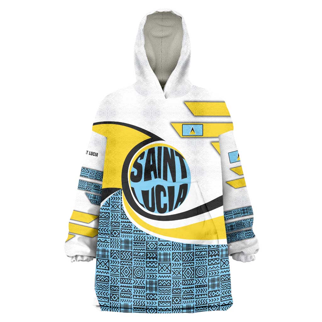 Saint Lucia Modern Tribal Crest Design Wearable Blanket Hoodie with Flag Colors and Bold Text Layout - Wonder Print Shop