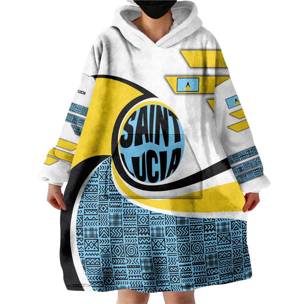 Saint Lucia Modern Tribal Crest Design Wearable Blanket Hoodie with Flag Colors and Bold Text Layout - Wonder Print Shop