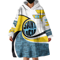Saint Lucia Modern Tribal Crest Design Wearable Blanket Hoodie with Flag Colors and Bold Text Layout - Wonder Print Shop