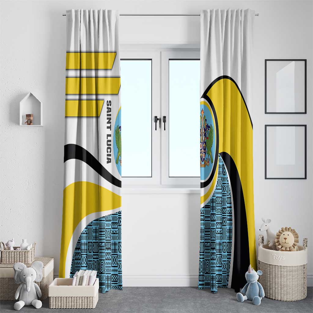 Saint Lucia Modern Tribal Crest Design Window Curtain with Flag Colors and Bold Text Layout - Wonder Print Shop