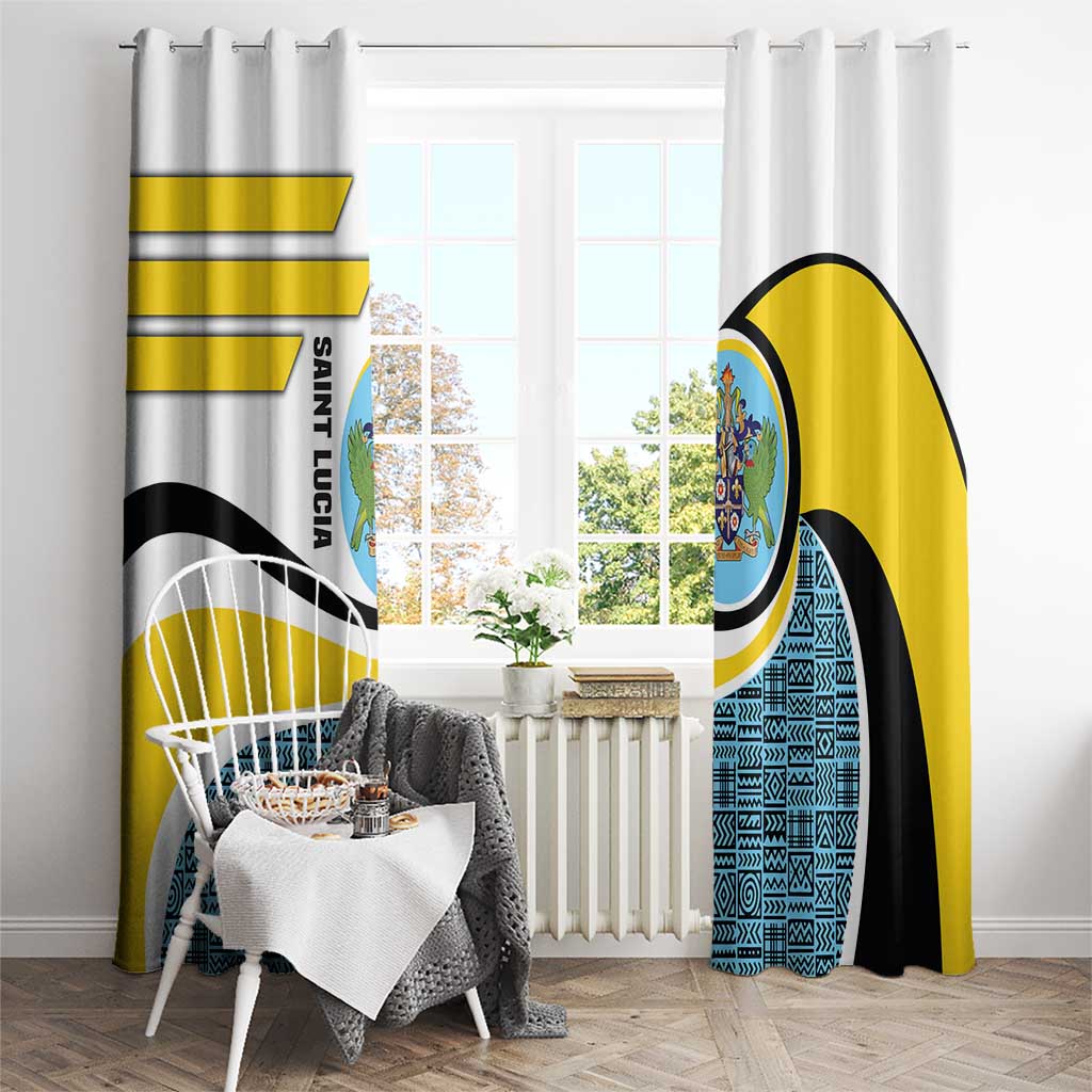 Saint Lucia Modern Tribal Crest Design Window Curtain with Flag Colors and Bold Text Layout - Wonder Print Shop