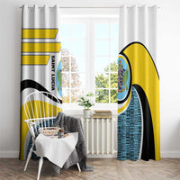 Saint Lucia Modern Tribal Crest Design Window Curtain with Flag Colors and Bold Text Layout - Wonder Print Shop