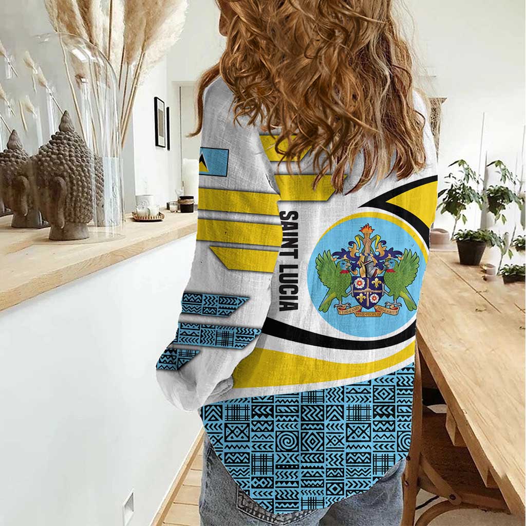 Saint Lucia Modern Tribal Crest Design Women Casual Shirt with Flag Colors and Bold Text Layout - Wonder Print Shop