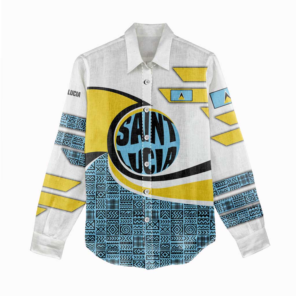 Saint Lucia Modern Tribal Crest Design Women Casual Shirt with Flag Colors and Bold Text Layout - Wonder Print Shop