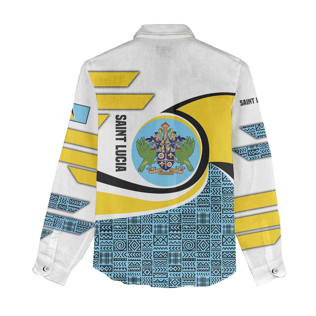 Saint Lucia Modern Tribal Crest Design Women Casual Shirt with Flag Colors and Bold Text Layout - Wonder Print Shop
