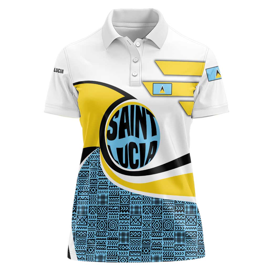 Saint Lucia Modern Tribal Crest Design Women Polo Shirt with Flag Colors and Bold Text Layout - Wonder Print Shop