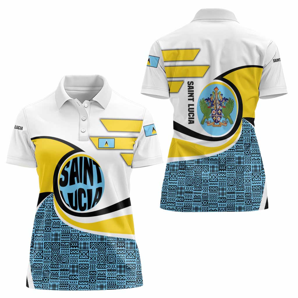Saint Lucia Modern Tribal Crest Design Women Polo Shirt with Flag Colors and Bold Text Layout - Wonder Print Shop