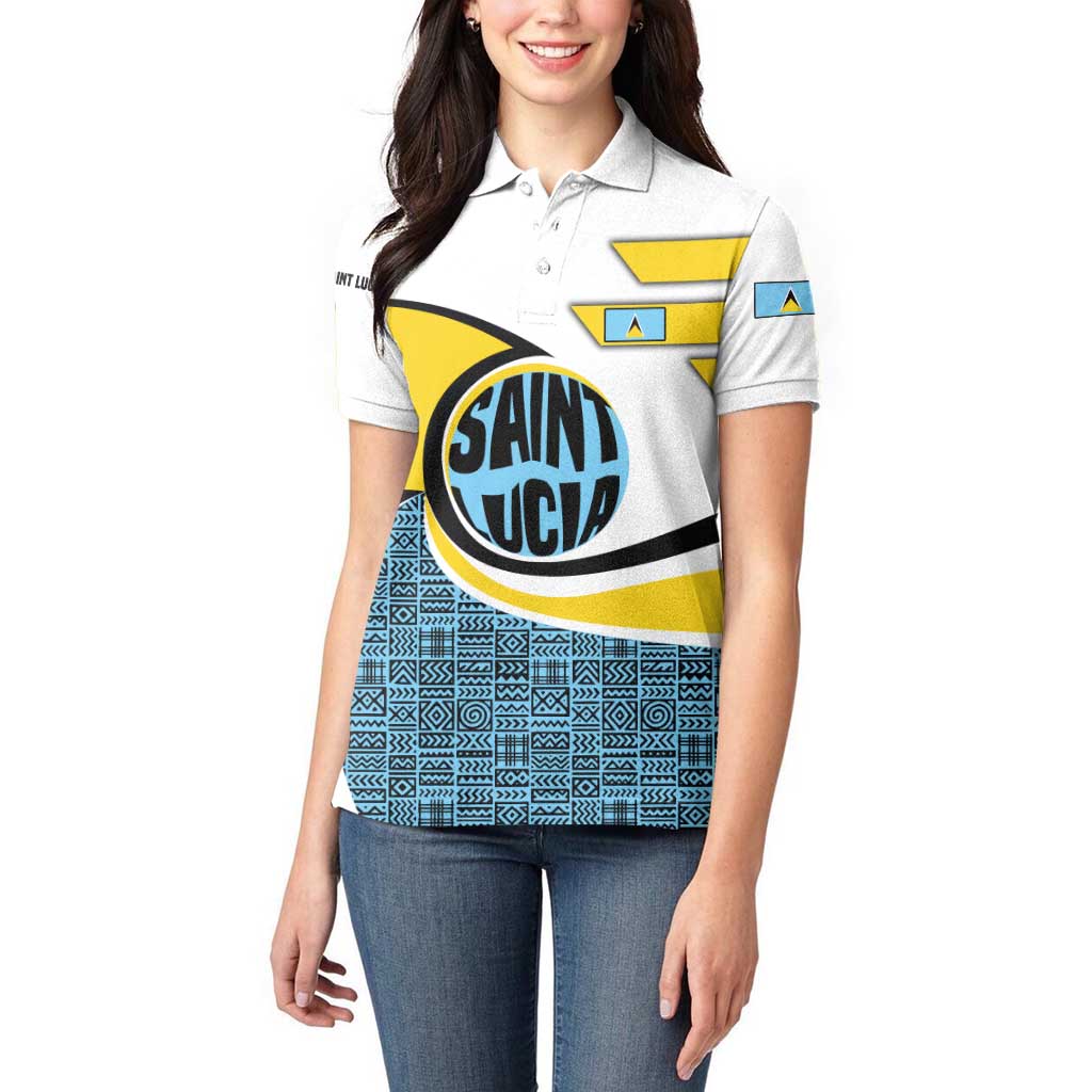 Saint Lucia Modern Tribal Crest Design Women Polo Shirt with Flag Colors and Bold Text Layout - Wonder Print Shop