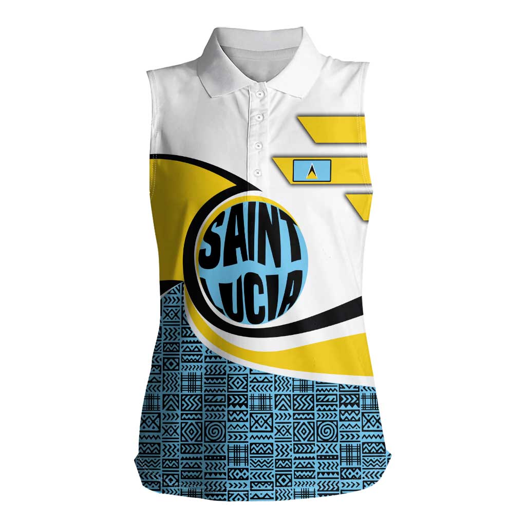 Saint Lucia Modern Tribal Crest Design Women Sleeveless Polo Shirt with Flag Colors and Bold Text Layout - Wonder Print Shop