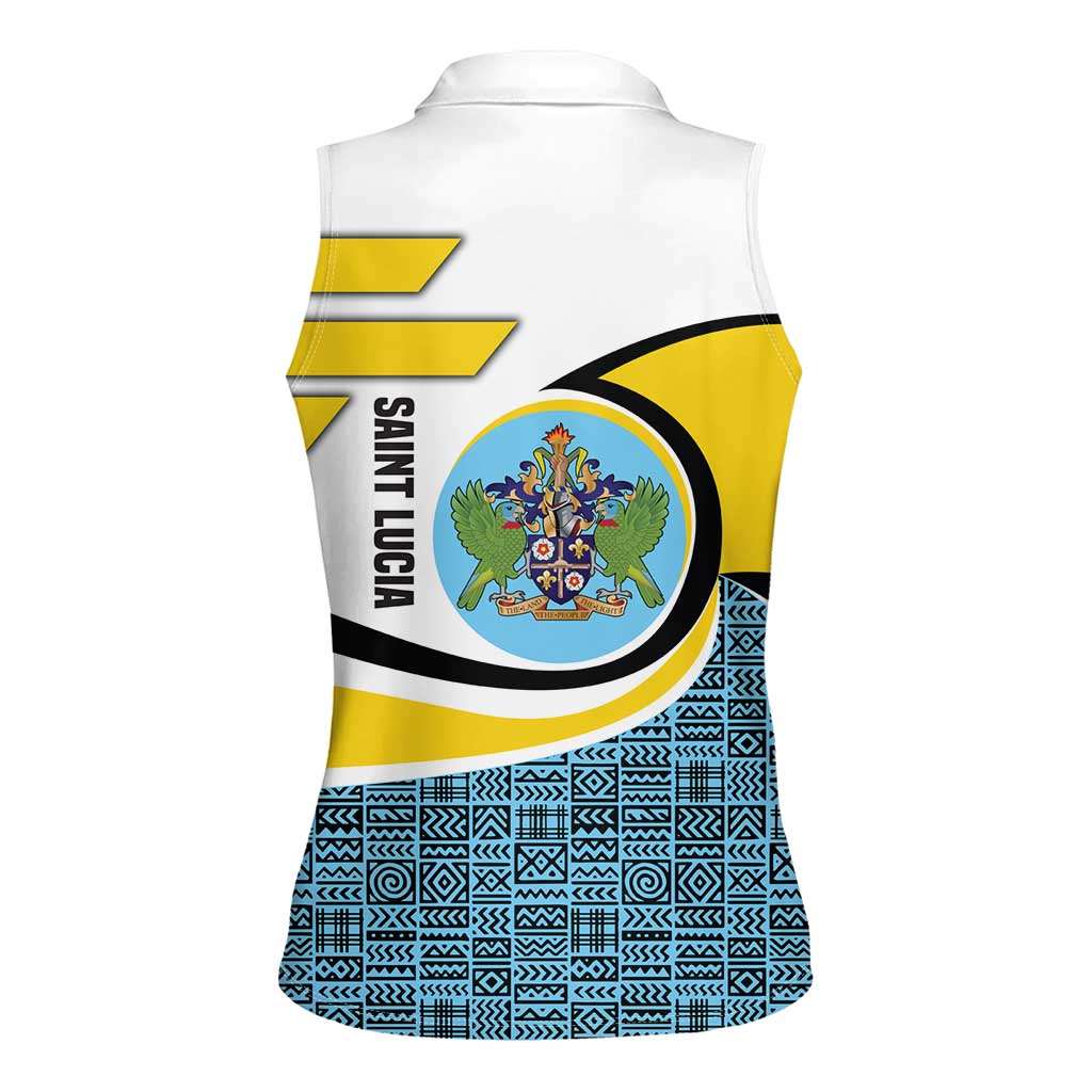 Saint Lucia Modern Tribal Crest Design Women Sleeveless Polo Shirt with Flag Colors and Bold Text Layout - Wonder Print Shop