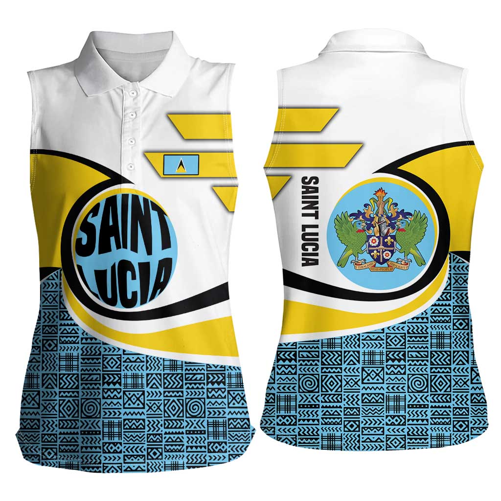 Saint Lucia Modern Tribal Crest Design Women Sleeveless Polo Shirt with Flag Colors and Bold Text Layout - Wonder Print Shop
