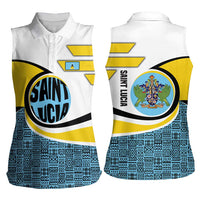 Saint Lucia Modern Tribal Crest Design Women Sleeveless Polo Shirt with Flag Colors and Bold Text Layout - Wonder Print Shop