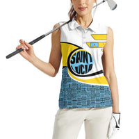 Saint Lucia Modern Tribal Crest Design Women Sleeveless Polo Shirt with Flag Colors and Bold Text Layout - Wonder Print Shop