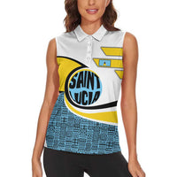 Saint Lucia Modern Tribal Crest Design Women Sleeveless Polo Shirt with Flag Colors and Bold Text Layout - Wonder Print Shop