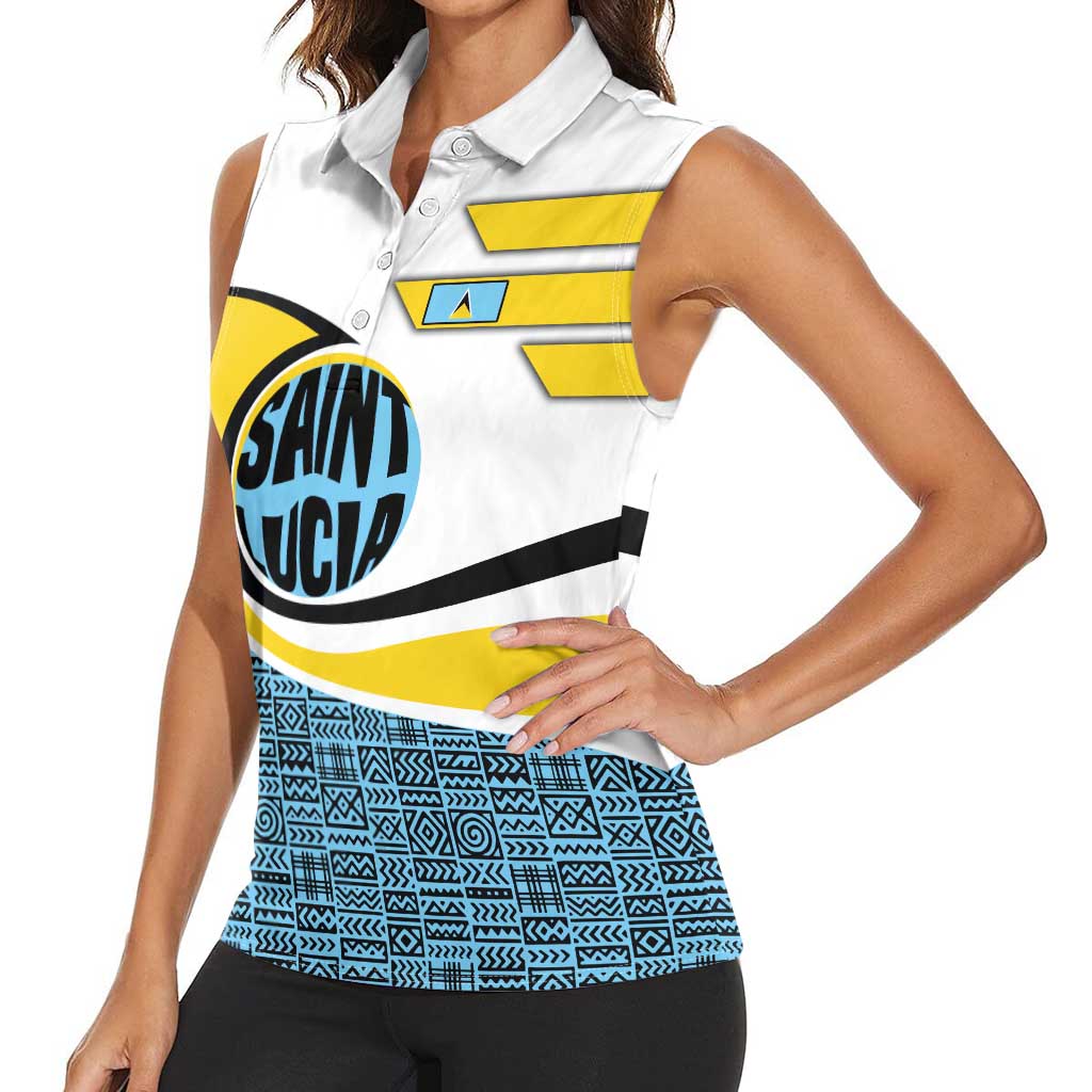 Saint Lucia Modern Tribal Crest Design Women Sleeveless Polo Shirt with Flag Colors and Bold Text Layout - Wonder Print Shop