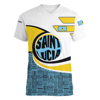 Saint Lucia Modern Tribal Crest Design Women V-Neck T-Shirt with Flag Colors and Bold Text Layout - Wonder Print Shop