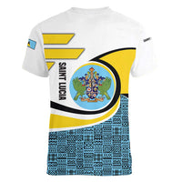 Saint Lucia Modern Tribal Crest Design Women V-Neck T-Shirt with Flag Colors and Bold Text Layout - Wonder Print Shop