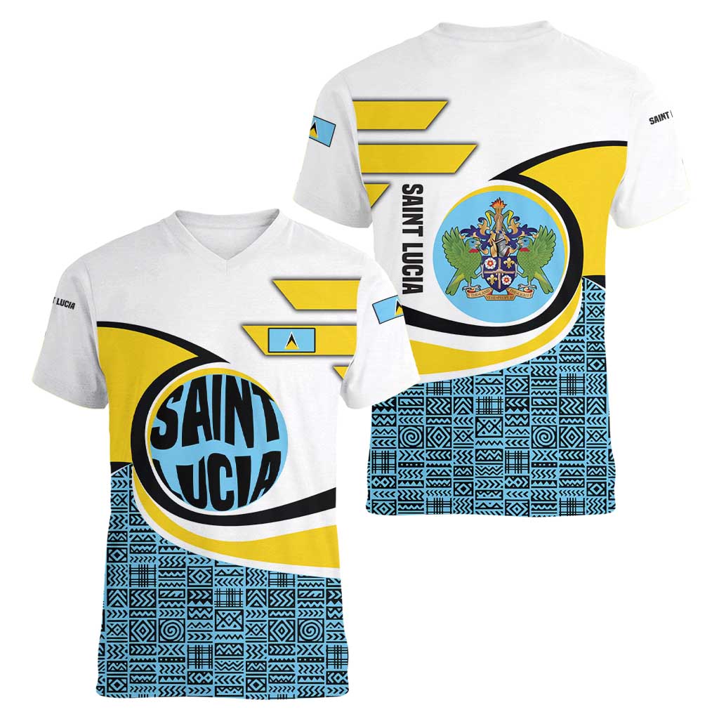 Saint Lucia Modern Tribal Crest Design Women V-Neck T-Shirt with Flag Colors and Bold Text Layout - Wonder Print Shop