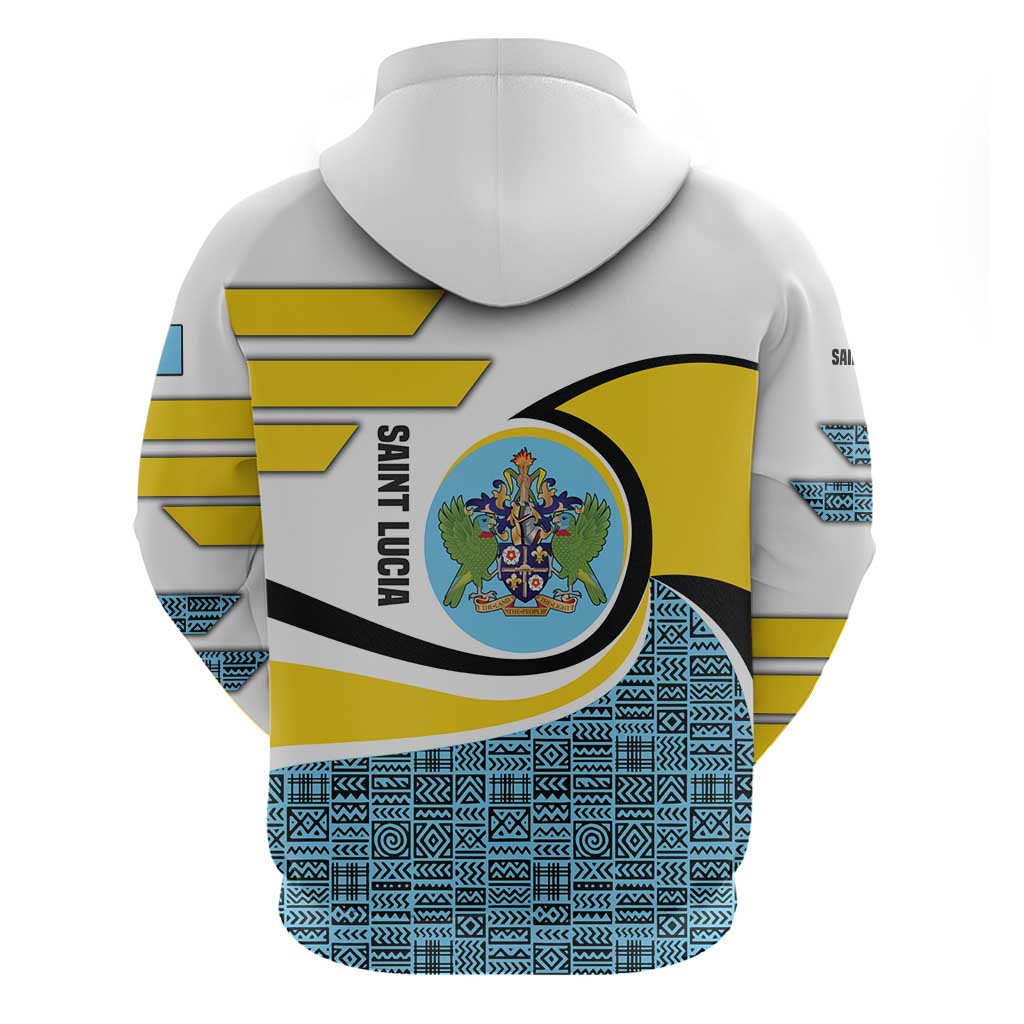 Saint Lucia Modern Tribal Crest Design Zip Hoodie with Flag Colors and Bold Text Layout - Wonder Print Shop