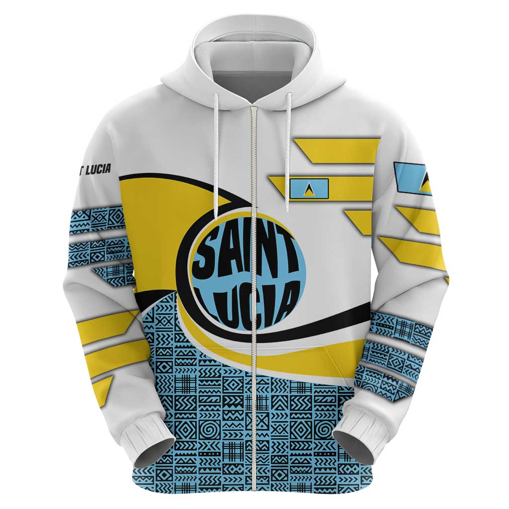 Saint Lucia Modern Tribal Crest Design Zip Hoodie with Flag Colors and Bold Text Layout - Wonder Print Shop