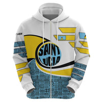 Saint Lucia Modern Tribal Crest Design Zip Hoodie with Flag Colors and Bold Text Layout - Wonder Print Shop