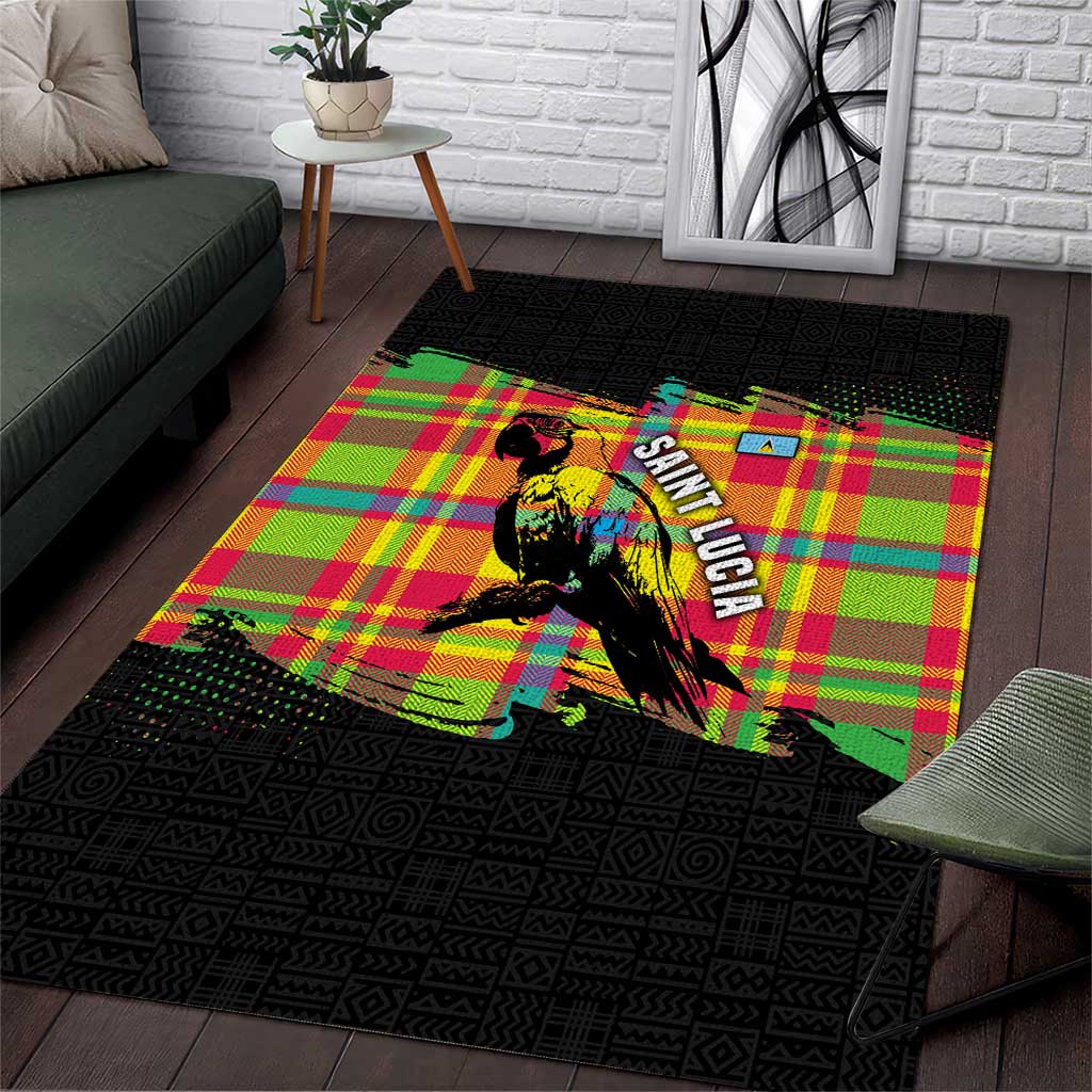 Saint Lucia Parrot Area Rug with Madras Pattern and Cultural Black Motif Design - Wonder Print Shop