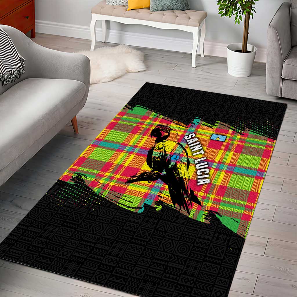 Saint Lucia Parrot Area Rug with Madras Pattern and Cultural Black Motif Design - Wonder Print Shop