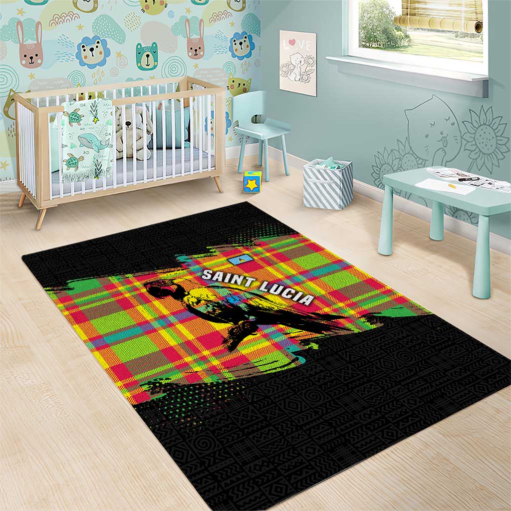 Saint Lucia Parrot Area Rug with Madras Pattern and Cultural Black Motif Design - Wonder Print Shop