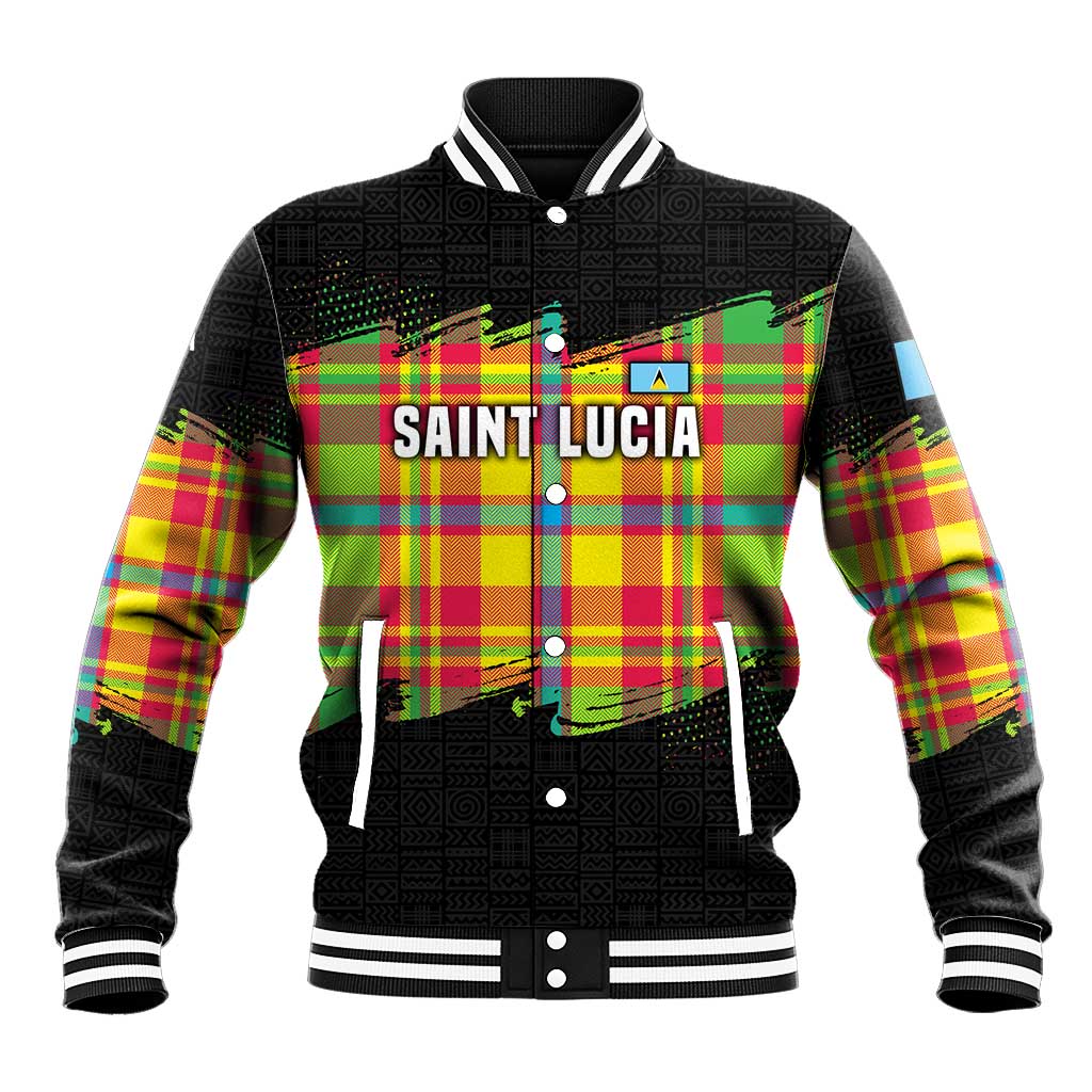 Saint Lucia Parrot Baseball Jacket with Madras Pattern and Cultural Black Motif Design - Wonder Print Shop