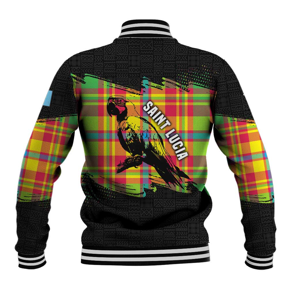 Saint Lucia Parrot Baseball Jacket with Madras Pattern and Cultural Black Motif Design - Wonder Print Shop