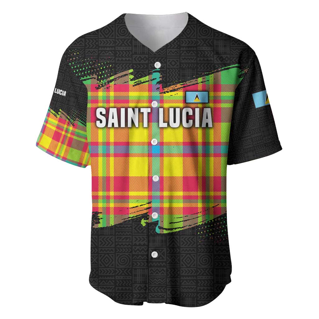 Saint Lucia Parrot Baseball Jersey with Madras Pattern and Cultural Black Motif Design - Wonder Print Shop