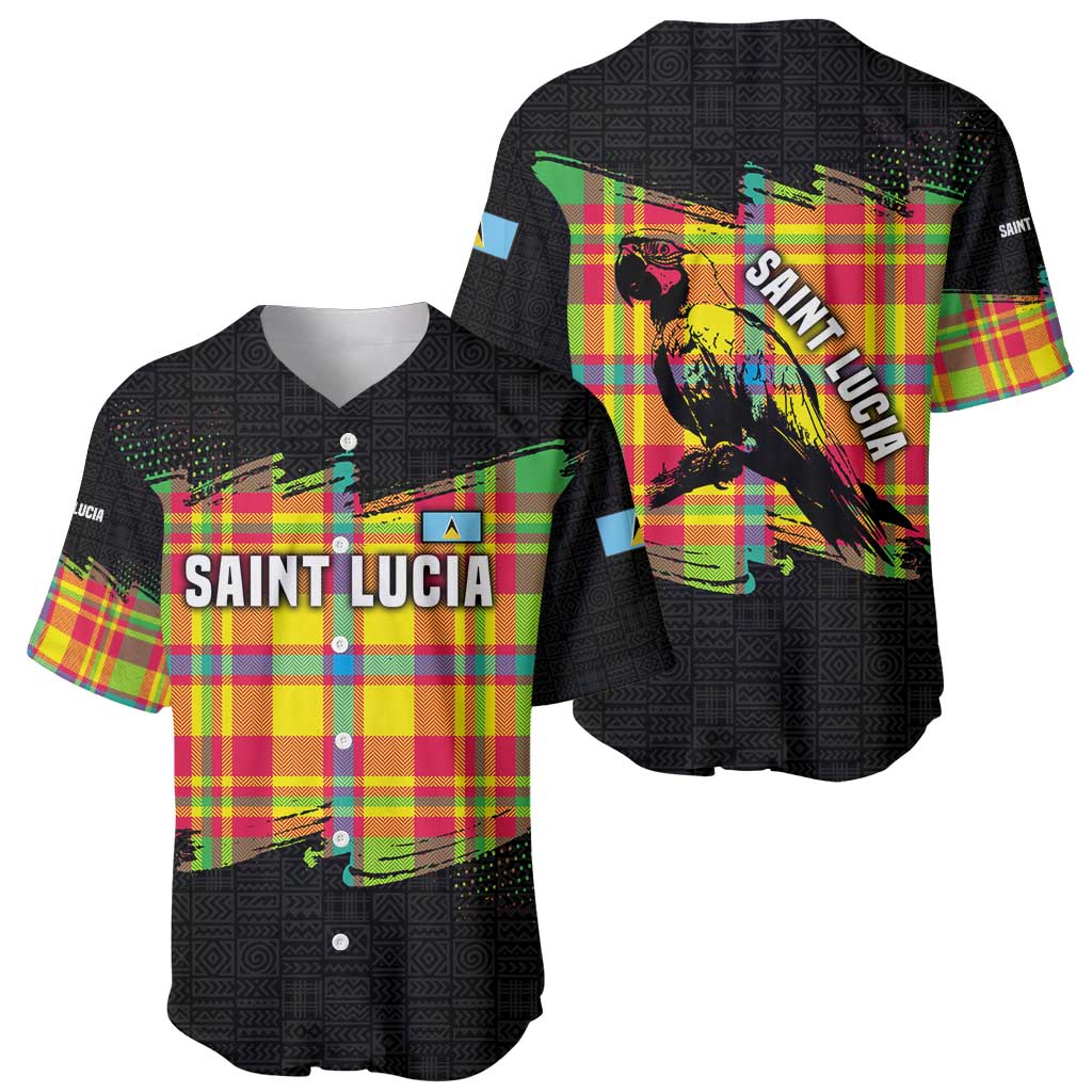 Saint Lucia Parrot Baseball Jersey with Madras Pattern and Cultural Black Motif Design - Wonder Print Shop