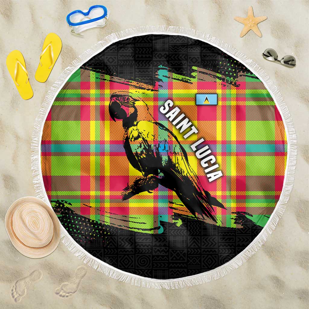 Saint Lucia Parrot Beach Blanket with Madras Pattern and Cultural Black Motif Design - Wonder Print Shop