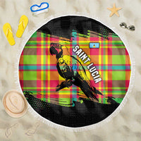 Saint Lucia Parrot Beach Blanket with Madras Pattern and Cultural Black Motif Design - Wonder Print Shop