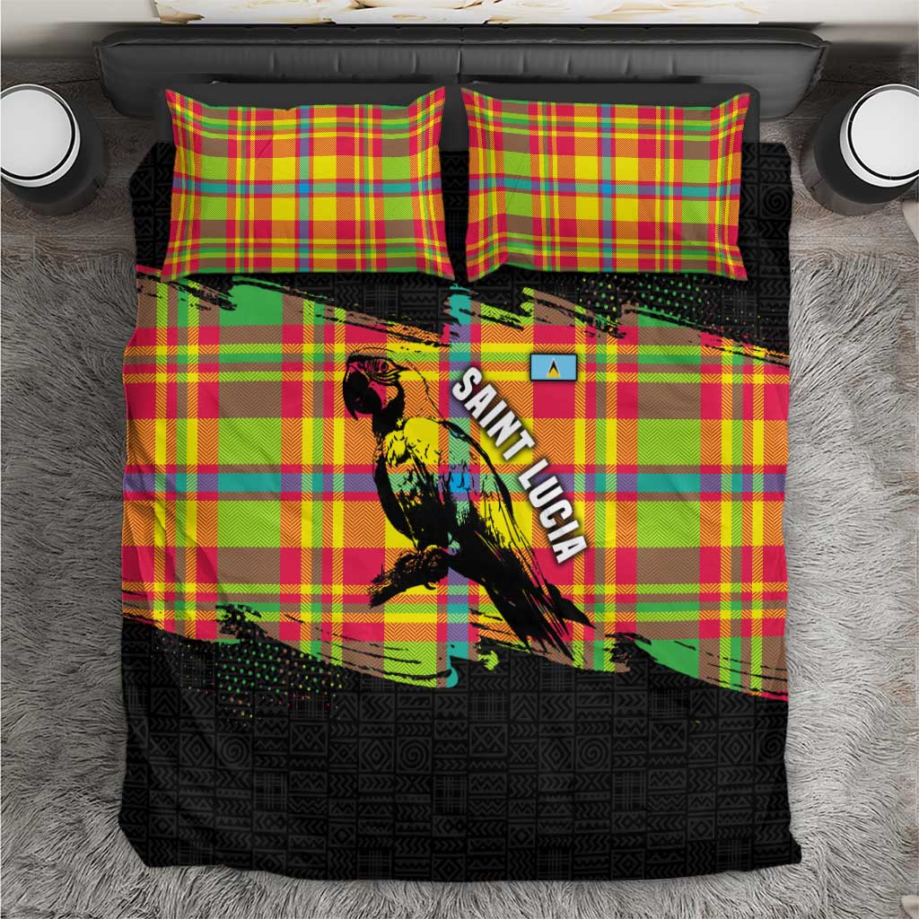 Saint Lucia Parrot Bedding Set with Madras Pattern and Cultural Black Motif Design - Wonder Print Shop
