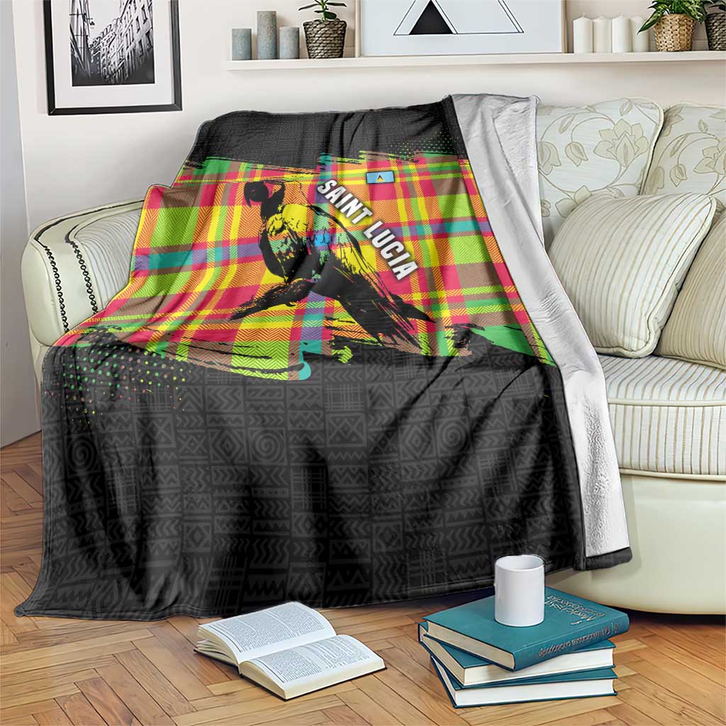Saint Lucia Parrot Blanket with Madras Pattern and Cultural Black Motif Design - Wonder Print Shop