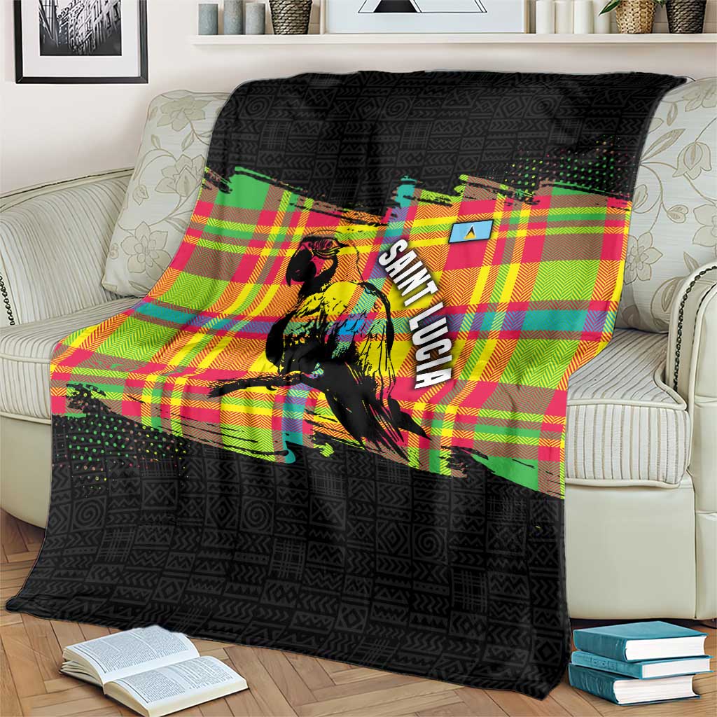 Saint Lucia Parrot Blanket with Madras Pattern and Cultural Black Motif Design - Wonder Print Shop