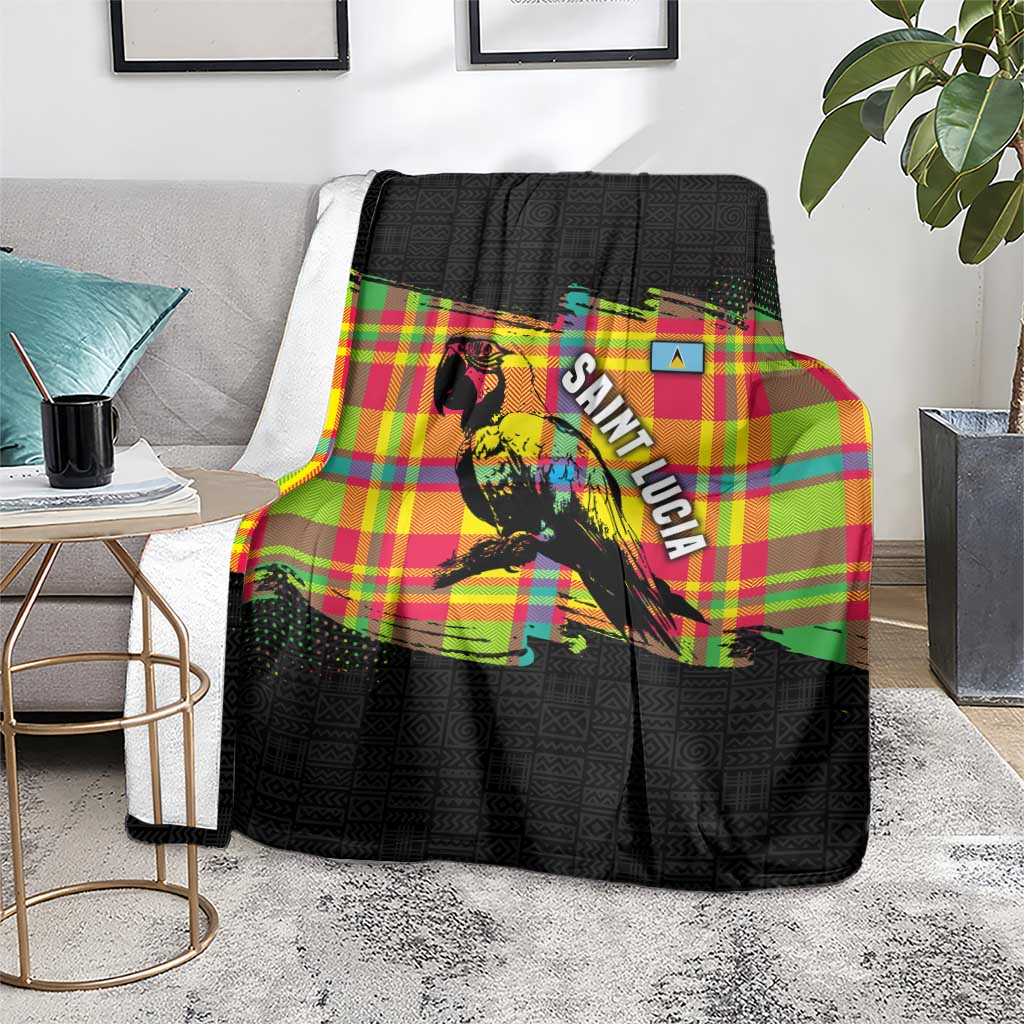 Saint Lucia Parrot Blanket with Madras Pattern and Cultural Black Motif Design - Wonder Print Shop