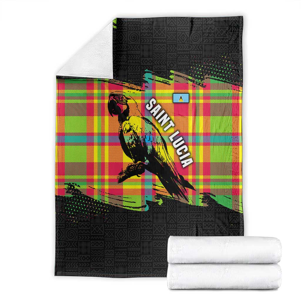 Saint Lucia Parrot Blanket with Madras Pattern and Cultural Black Motif Design - Wonder Print Shop