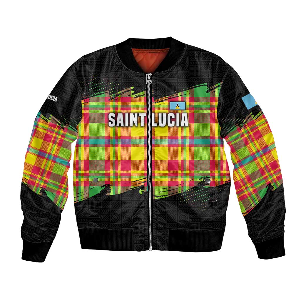 Saint Lucia Parrot Bomber Jacket with Madras Pattern and Cultural Black Motif Design - Wonder Print Shop