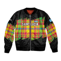 Saint Lucia Parrot Bomber Jacket with Madras Pattern and Cultural Black Motif Design - Wonder Print Shop
