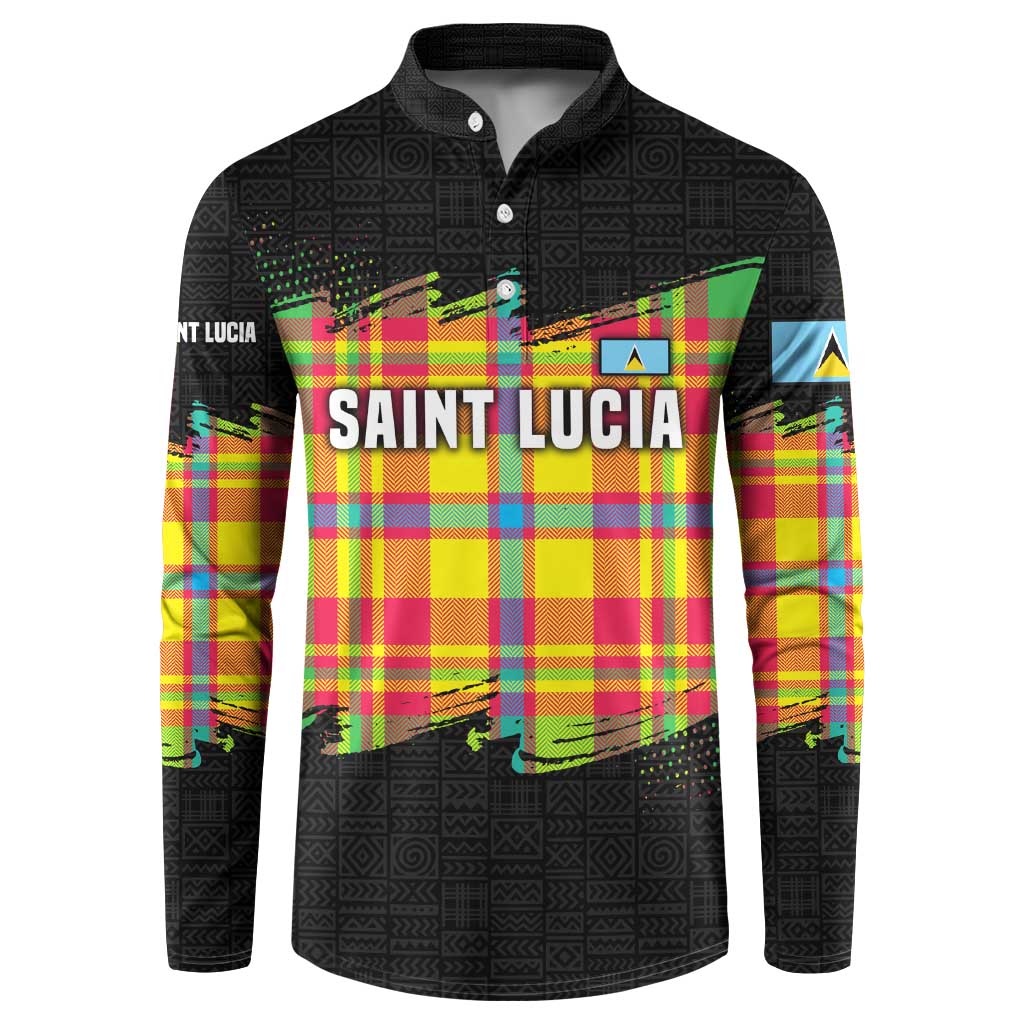 Saint Lucia Parrot Button Sweatshirt with Madras Pattern and Cultural Black Motif Design - Wonder Print Shop